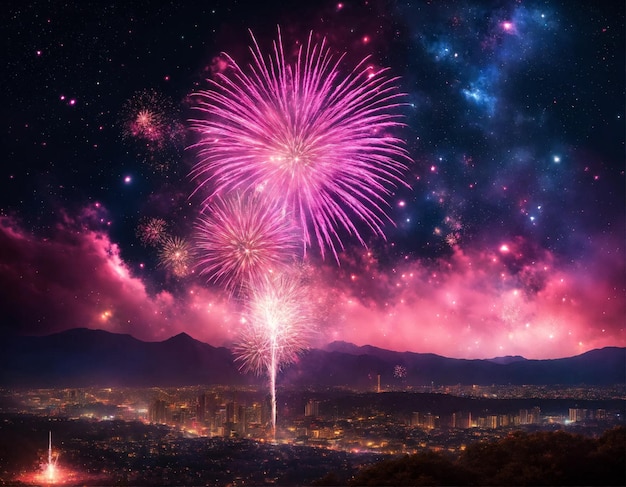 Sfondo di fuochi d'artificio rosa con scintille stelle colorate e nebulosa luminosa sul cielo notturno nero universo bellezza incredibile spettacolo di fuocheri colorati sulla celebrazione che mostra sfondo di vacanze