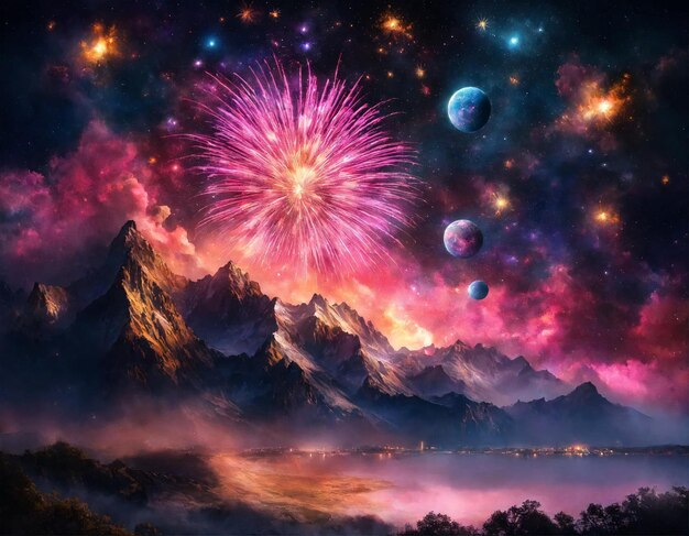 Sfondo di fuochi d'artificio rosa con scintille stelle colorate e nebulosa luminosa sul cielo notturno nero universo bellezza incredibile spettacolo di fuocheri colorati sulla celebrazione che mostra sfondo di vacanze