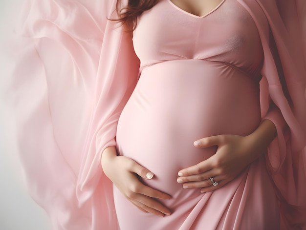 Sfondo di gravidanza Primo piano di bella giovane donna incinta con ventre di gravidanza in morbida eleganza