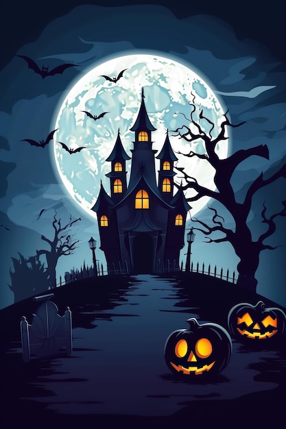 Sfondo di Halloween castello infestato luna piena nella notte di Halloween Ai generato