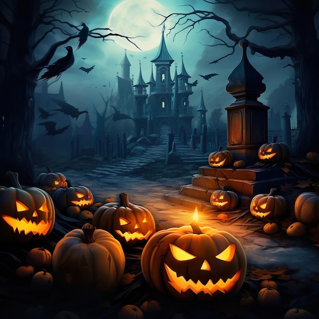 Sfondo di Halloween castello infestato luna piena nella notte di Halloween Ai generato