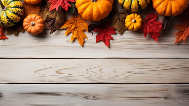 Sfondo di Halloween con bordo di zucca e foglie di acero gialle e rosse