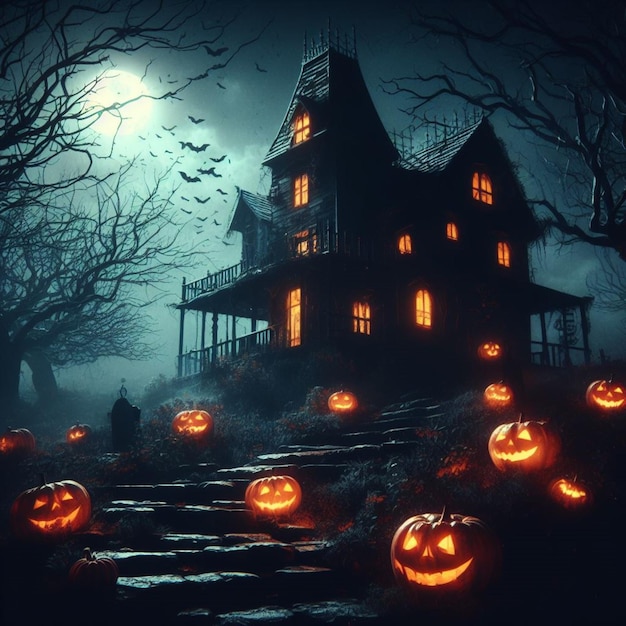 Sfondo di Halloween con candele e pipistrelli spaventosi di zucche
