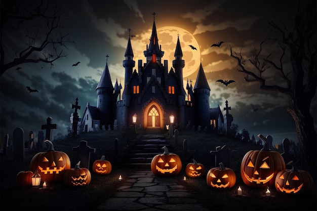 Sfondo di Halloween con castello e zucche spaventose