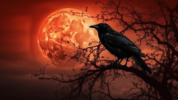 Sfondo di Halloween con corvo e luna pienagenerativa ai