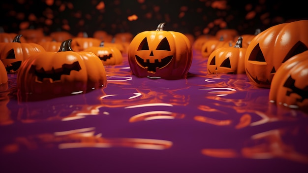 Sfondo di Halloween con illustrazione 3D della piscina di zucche Sfondo viola
