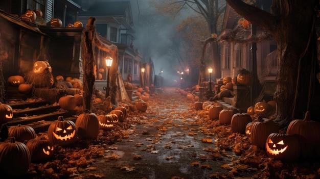 Sfondo di Halloween con la città vecchia di zucche e la strada di notte