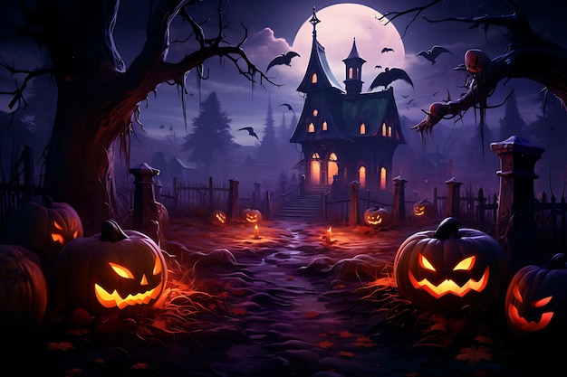 Sfondo di Halloween con la foresta spettrale del castello infestato e le zucche
