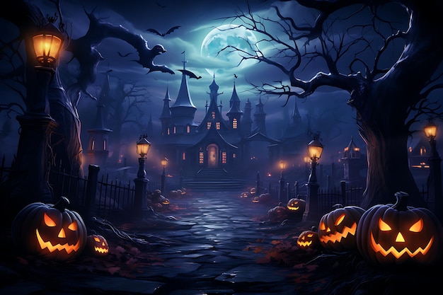 Sfondo di Halloween con la foresta spettrale del castello infestato e le zucche