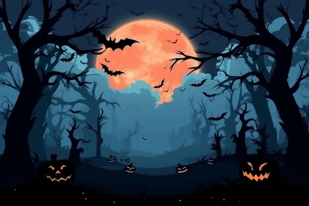 sfondo di Halloween con spaventose zucche candele nel cimitero di notte con uno sfondo di castello