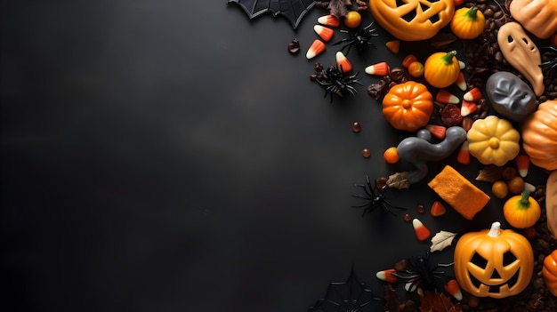 sfondo di halloween con spuntini di cibo e decorazione sul tavolo per la cena di halloween zucca e