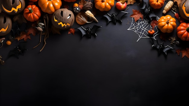 sfondo di halloween con spuntini di cibo e decorazione sul tavolo per la cena di halloween zucca e