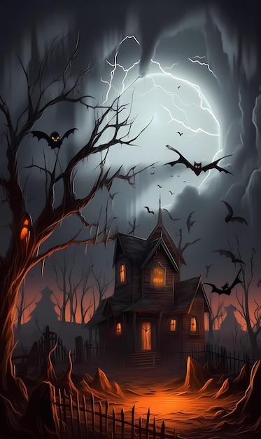 Sfondo di Halloween con tombe alberi pipistrelli lapidi gravey generato ai