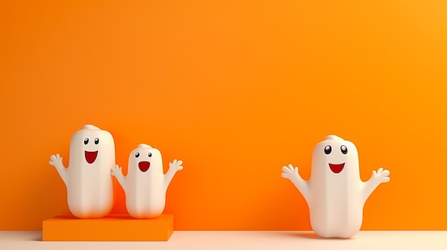 Sfondo di Halloween con una graziosa confezione regalo di zucca fantasma 3D su uno spazio vuoto del piedistallo generato dall'Ai