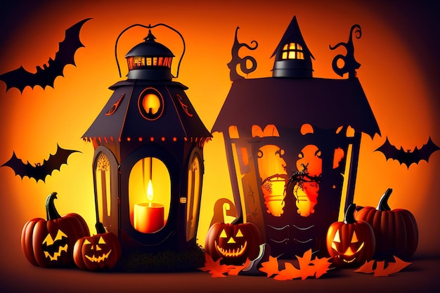 Sfondo di Halloween con una lanterna e zucche