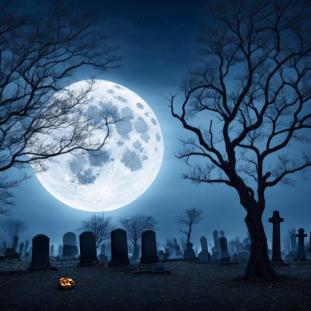 Sfondo di Halloween con vecchie lapidi del cimitero spettrale alberi senza foglie