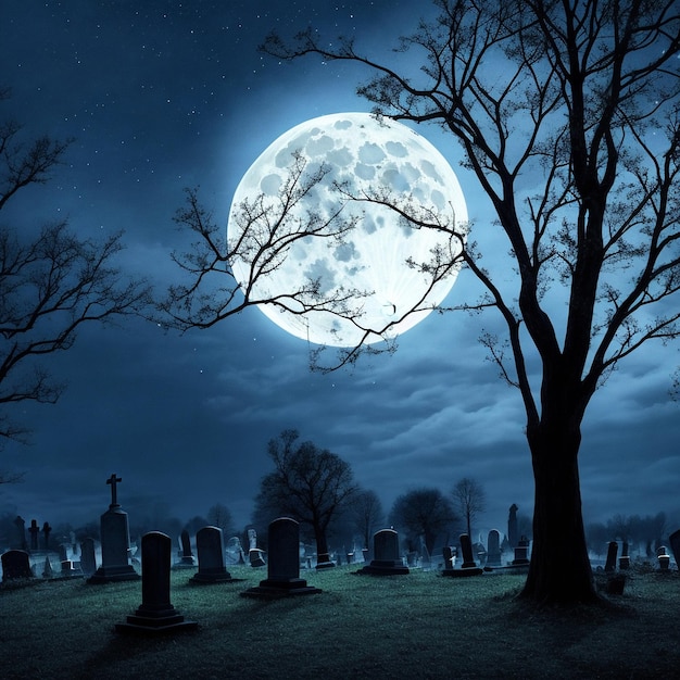 Sfondo di Halloween con vecchie lapidi del cimitero spettrale alberi senza foglie