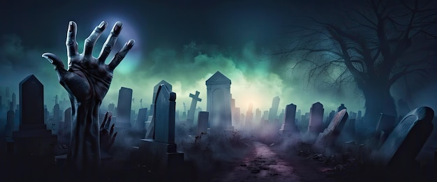 sfondo di Halloween con zombie e la luna nel cimitero bandiera scura