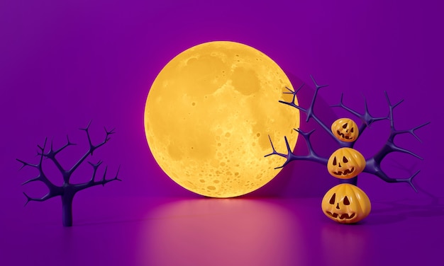 Sfondo di Halloween con zucca e luce della luna. Cimitero di notte. carino rendering 3D per banner, biglietto di celebrazione.