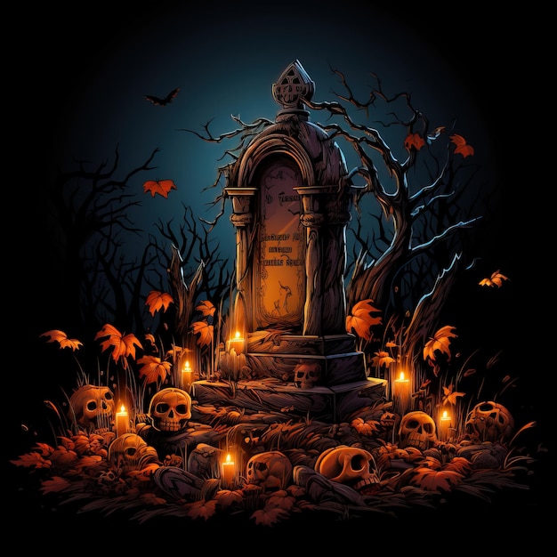 Sfondo di Halloween con zucca in un cimitero spettrale Antica tomba abbandonata illuminata da candele