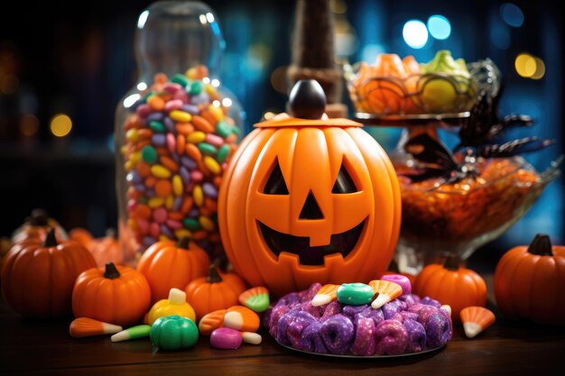 Sfondo di Halloween con zucche caramelle e caramelle sul tavolo di legno