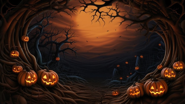 sfondo di Halloween con zucche e alberi