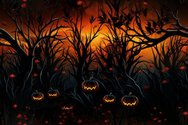 sfondo di Halloween con zucche e alberi