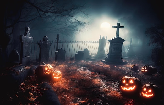 Sfondo di Halloween con zucche e cimitero