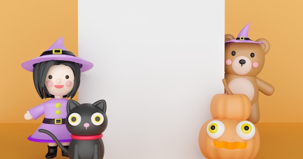 Sfondo di Halloween con zucche e strega. Rendering 3D