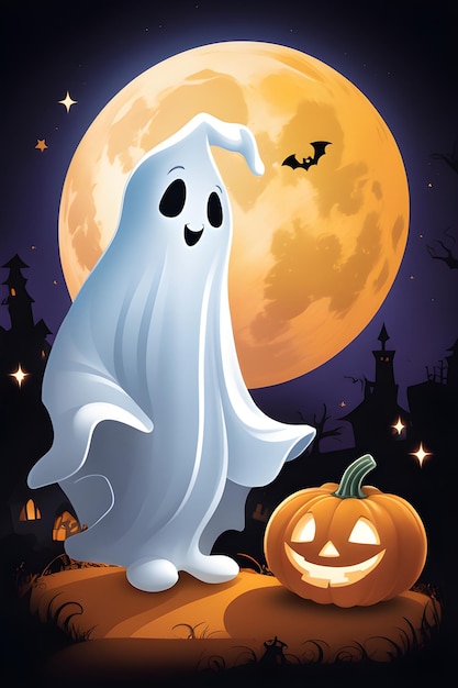 Sfondo di Halloween con zucche fantasma e luna Illustrazione vettoriale