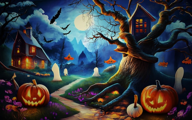 Sfondo di Halloween con zucche inquietanti di una spettrale villa infestata con la luna piena Ai generata