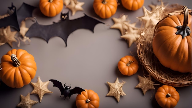 Sfondo di Halloween con zucche pipistrelli e decorazioni su sfondo grigio