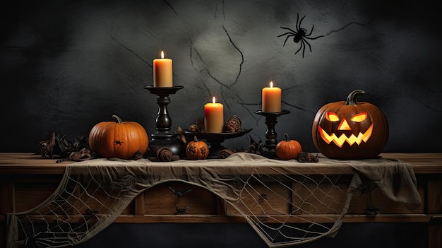 sfondo di Halloween con zucche ragni e candele su tavolo di legno