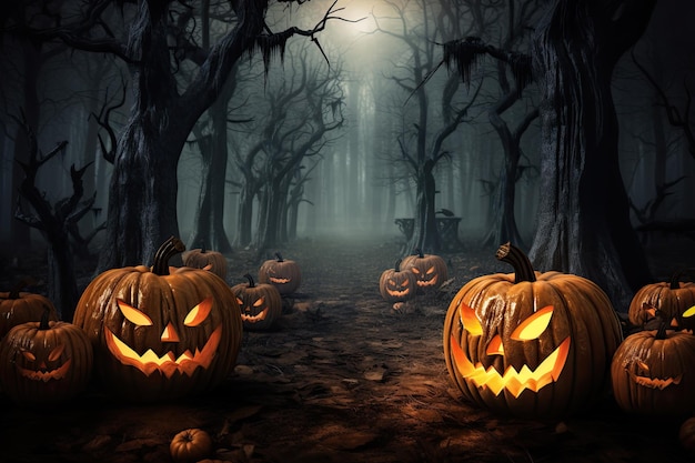 Sfondo di Halloween con zucche spaventose candele e pipistrelli in una foresta oscura di notte