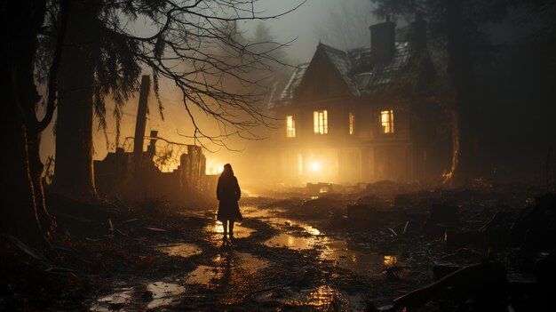 sfondo di Halloween fantasma horror spaventoso orrore concetto di Halloween casa spettrale con nebbia spettrale e albero spettrale concetto di Halloween
