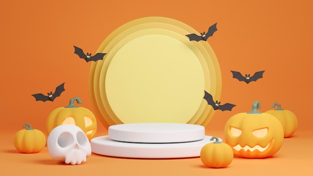 Sfondo di halloween felice con teschio di zucche sul podio e ornamenti di halloween Rendering 3D