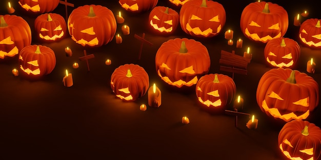 Sfondo di Halloween Illustrazione 3D di zucca e lume di candela del diavolo