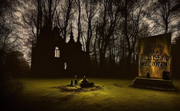 Sfondo di Halloween, illustrazione digitale di una casa stregata vittoriana in una fitta foresta spettrale