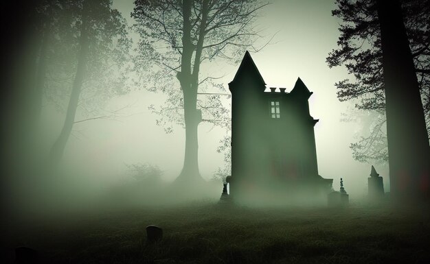 Sfondo di Halloween, illustrazione digitale di una casa stregata vittoriana in una fitta foresta spettrale