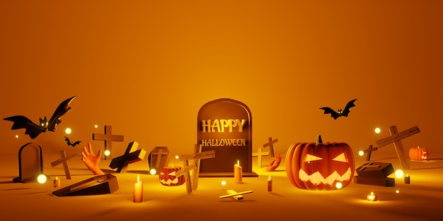 Sfondo di Halloween lapide zucca croce bara sfondo giallo illustrazione 3D