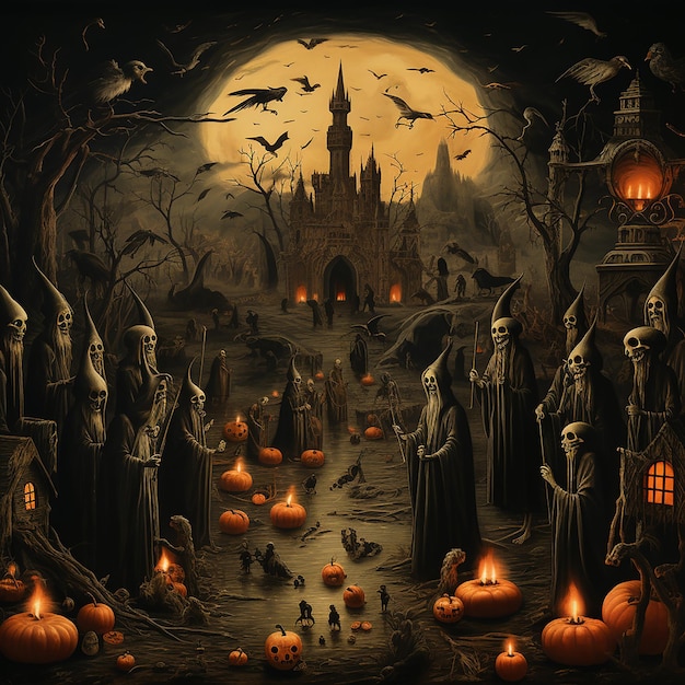 Sfondo di Halloween nero cupo castello gotico sull'isola zucche creature fantastiche fantasmi
