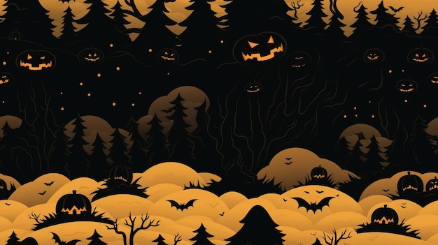sfondo di halloween senza soluzione di continuità con zucche, pipistrelli e alberi