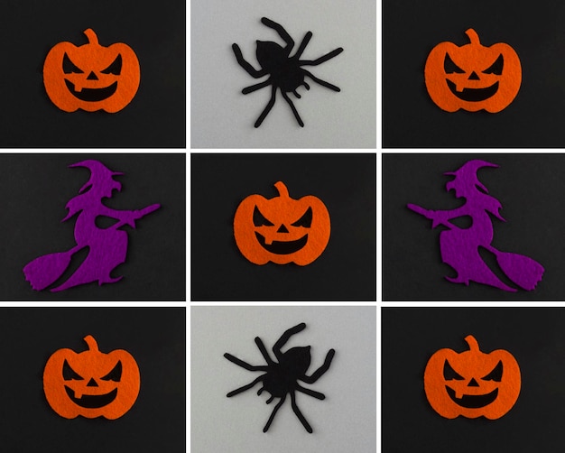 Sfondo di Halloween Strega di ragni decorativi e zucche sullo sfondo nero e grigio Spazio di copia Vista dall'alto