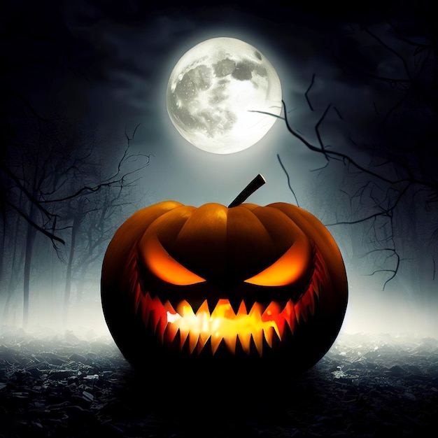 sfondo di Halloween zucca inquietante con luna e foresta oscura