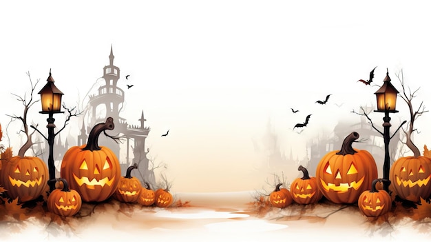 Sfondo di Halloween Zucche di Halloween Castello di Halloween Ai ha generato un'illustrazione di Halloween ad alta risoluzione su sfondo bianco