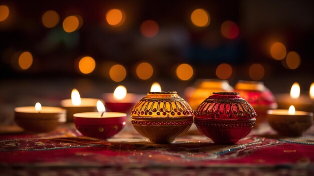 Sfondo di lanterne Diwali con candele e luci soffuse del festival delle luci Ai generativo