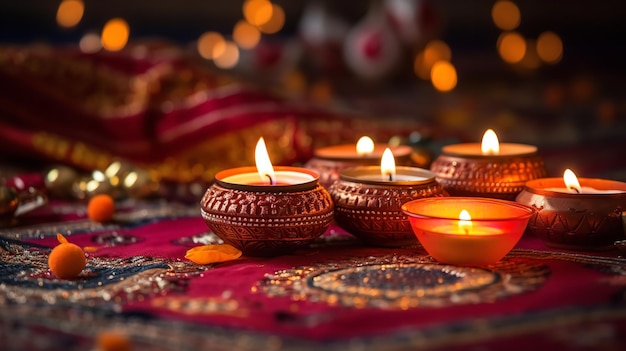 Sfondo di lanterne Diwali con candele e luci soffuse del festival delle luci Ai generativo