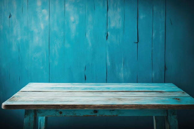 Sfondo di legno blu con un tavolo di legno davanti Sullo sfondo di un display del prodotto