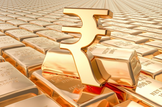 Sfondo di lingotti d'oro con il simbolo della rupia rendering 3D