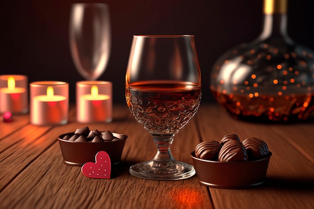 Sfondo di luci festive di san valentino scena di cuori con cioccolatini e bevande amore sfondo lucido di san valentino